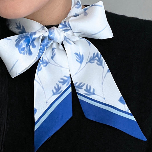blue n white Authentic Design Exclusive blue and white watercolor floral print 100% Silk Twilly Scarf 原創設計絲巾