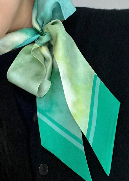 blue n white Authentic Design Exclusive Sakura print 100% Silk Twilly Scarf Green 原創設計絲巾