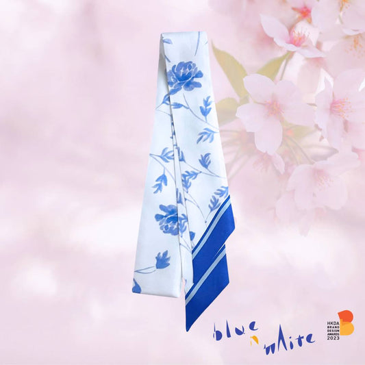 Exclusive blue and white watercolor floral print 100% Silk Twilly Scarf