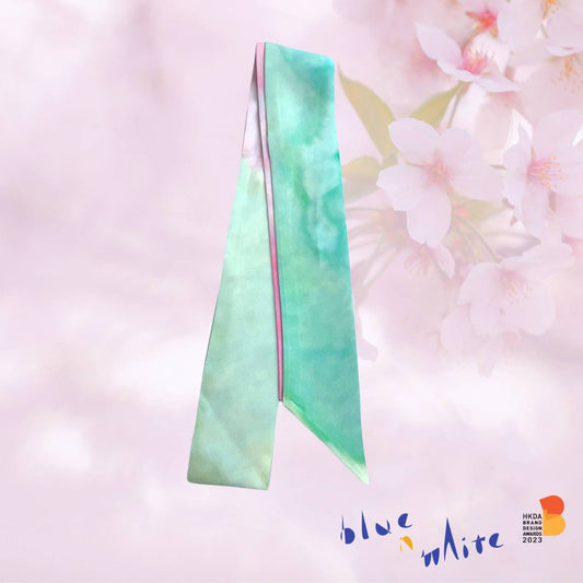 Exclusive Sakura print  100% Silk Twilly Scarf Pinky Green